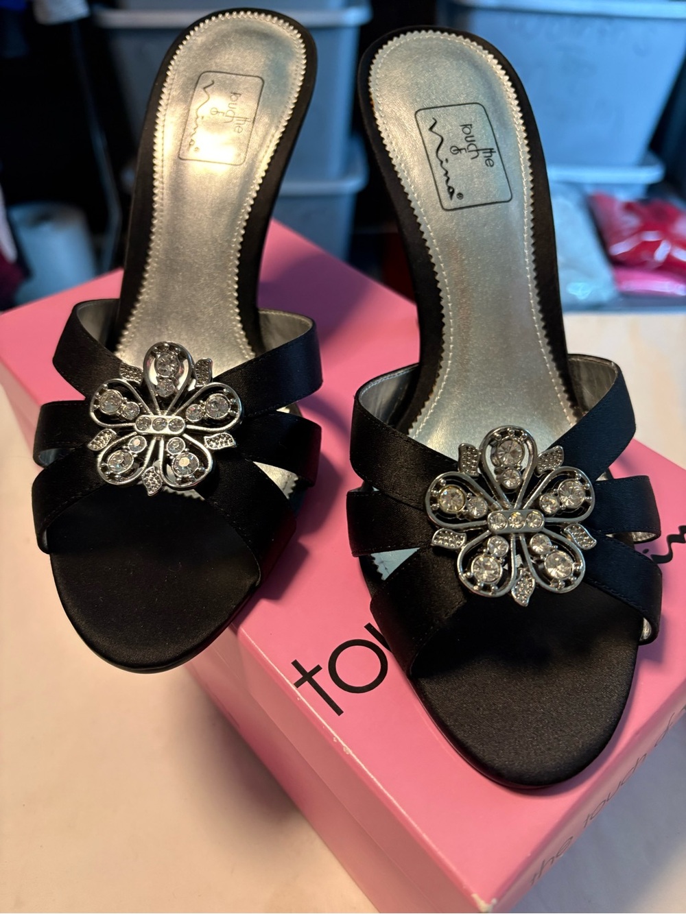 Touch of Nina Black Satin Slide Heels with Crystal Flower